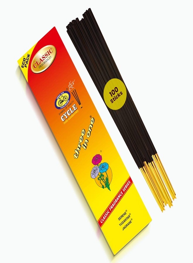 Cycle Brand Cycle Three in One Economy Incense Sticks–3 Signature Fragrances (Serene, Yugantar & Jagrane) for Meditation, Yoga, Relaxation & Home Ambience-100 Agarbatti/pack | 9 inch stick-40 Minutes Burning time - Image 1