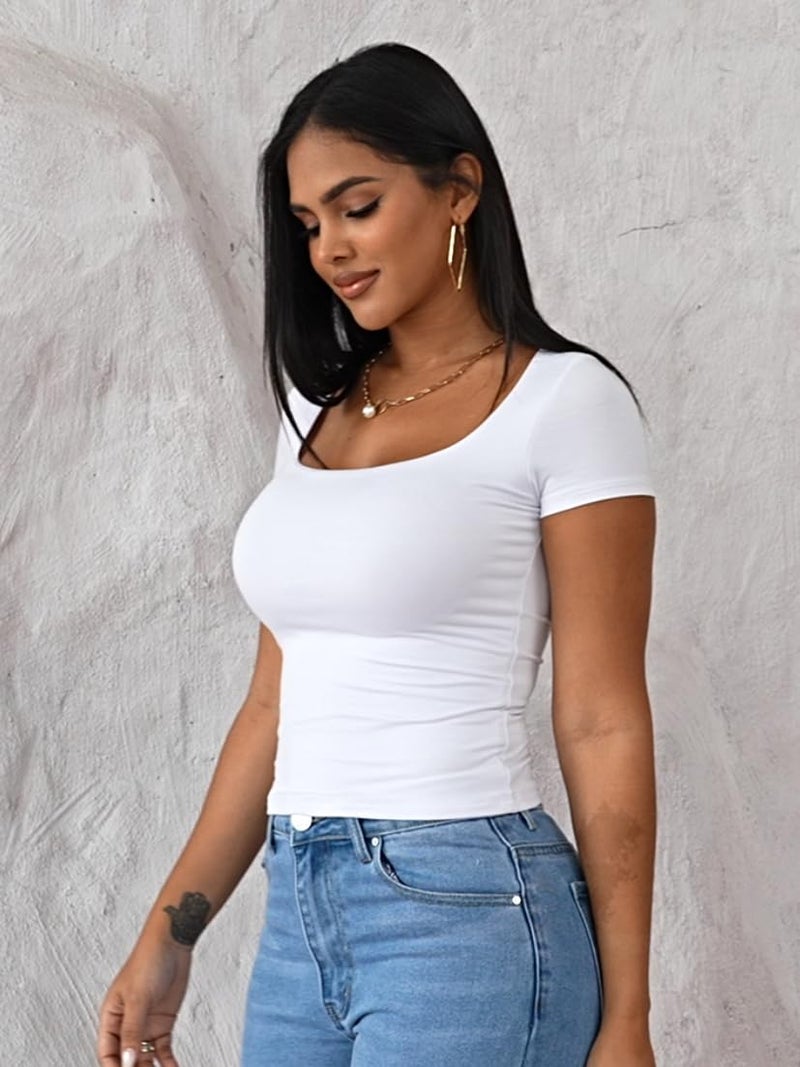 Dwnval Womens Summer Sexy Square Neck Tops Double Lined Short Sleeve Shirts Slim Fit Crop Top(White, S) - Image 3