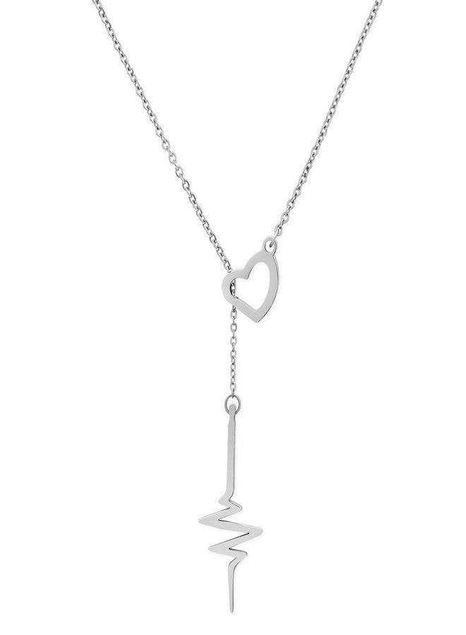 ELBLUVF 18k Rose Gold Plated Stainless-steel Heart Beat Love Cardiogram Lariat Y Necklace (Silver) - Image 1