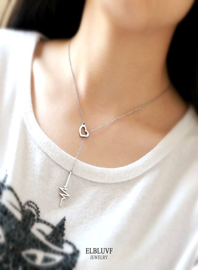 ELBLUVF 18k Rose Gold Plated Stainless-steel Heart Beat Love Cardiogram Lariat Y Necklace (Silver) - Image 2