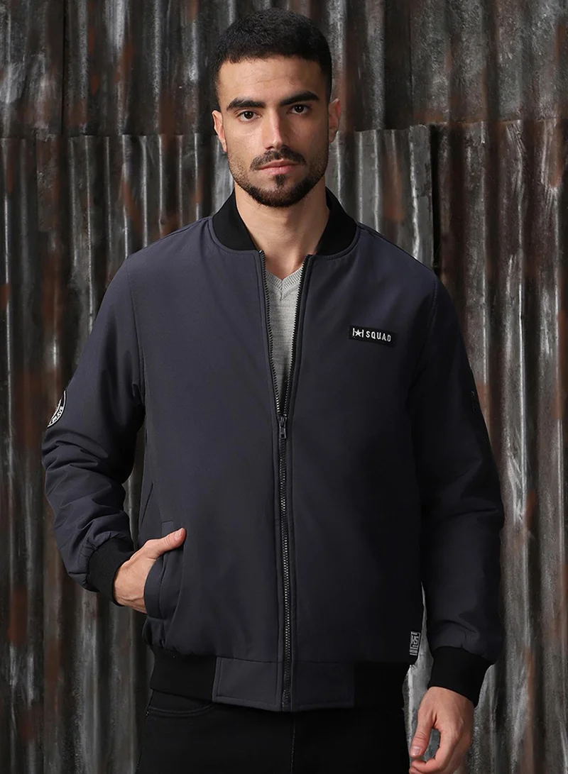 HIGH STAR Men's Charcoal 100% Polyester Printed Relaxed Fit Jacket