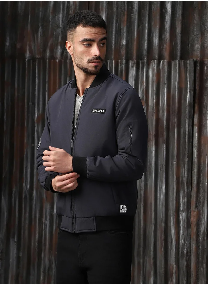 HIGH STAR Men's Charcoal 100% Polyester Printed Relaxed Fit Jacket