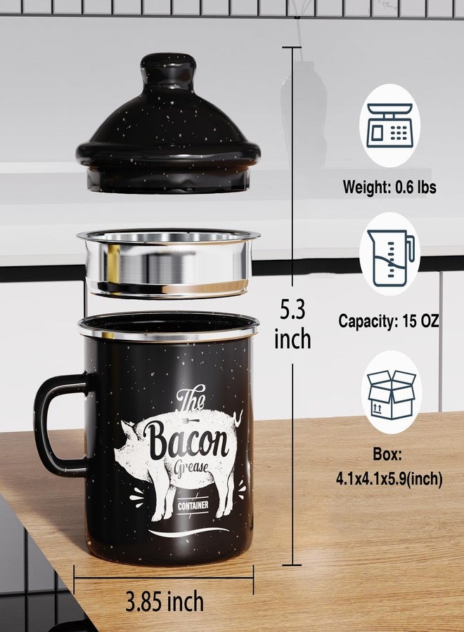 PGYARD Mini Bacon Grease Container With Strainer - 15OZ Enamel Grease Saver, Farmhouse Bacon Grease Keeper For Kitchen Fat Storage, Dishwasher Safe-Black - Image 2