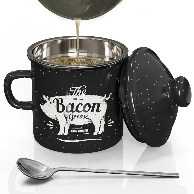 PGYARD Mini Bacon Grease Container With Strainer - 15OZ Enamel Grease Saver, Farmhouse Bacon Grease Keeper For Kitchen Fat Storage, Dishwasher Safe-Black - Image 1
