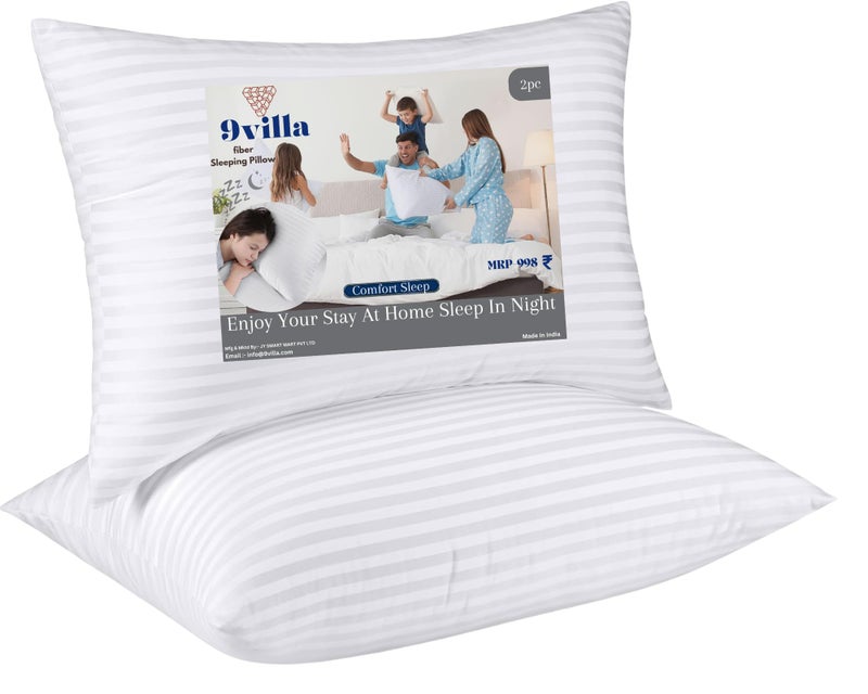 9villa Hollow Fiber Sleeping Pillow 41X61 CM (16X24 inch) Satin Strpe White Fabric Microfiber Pillow Pack/Set of 2 - Image 1