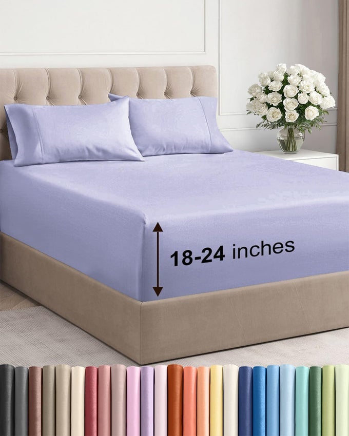 EXTRA DEEP POCKET QUEEN SHEET SET 4 PIECE BREATHABLE COOLING BED SHEETS HOTEL LUXURY SHEET SET SOFT WRINKLE FREE AND COMFY EASILY FITS EXTRA DEEP MATTRESSES DEEP POCKET LAVENDER SHEETS