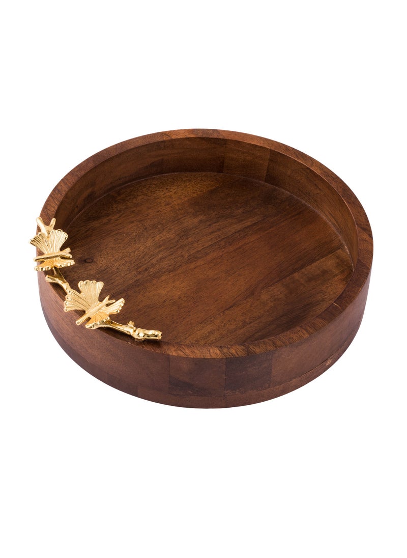 Dania - Round serving dish made of beech wood with multi-use golden butterfly decor - Image 1
