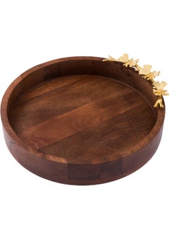 Dania Round serving dish made of beech wood with multi-use golden butterfly decor  - Image 2
