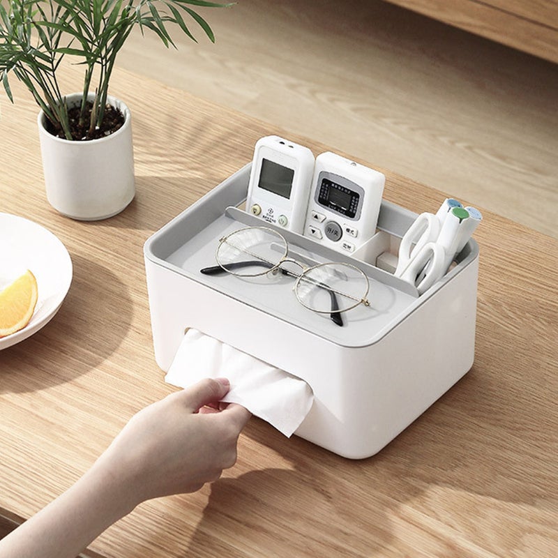 Multifunctional Tissue Box Cover White Base Gray Lid Premium PP Material Tissue Remote Organizer - Decorative Rectangular Design Tissue Box Holder for Home Living Room Dining Room Office - Image 3