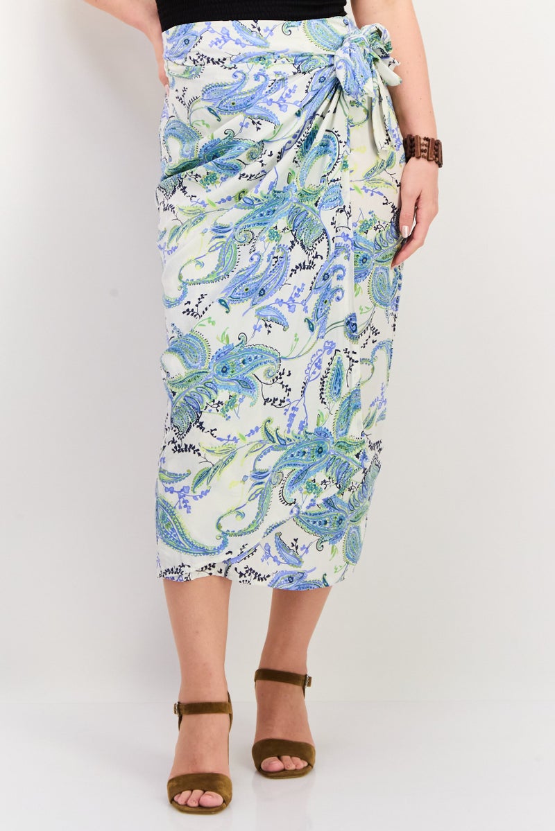 Reserved Women Floral Print Wrap Front Midi Skirt, Blue - Image 1