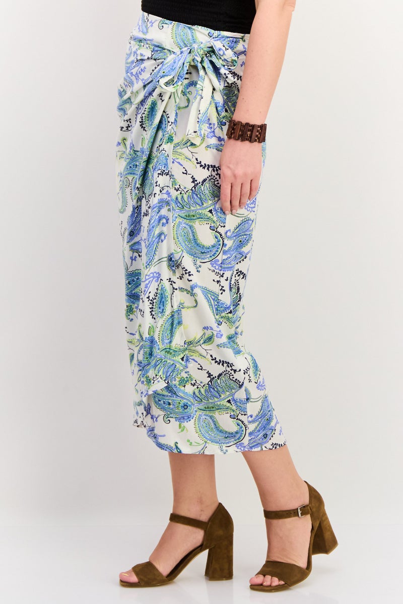 Reserved Women Floral Print Wrap Front Midi Skirt, Blue - Image 2