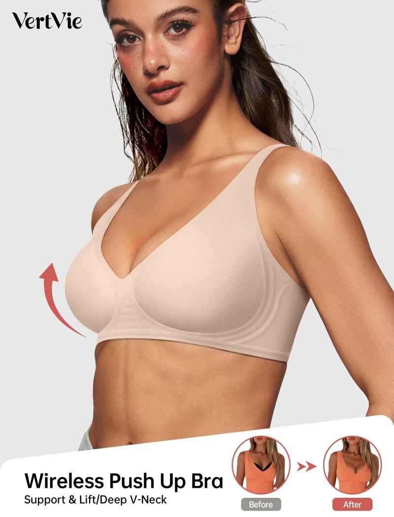 Vertvie Jelly Wireless Bras for Women Push Up Plunge Seamless T-Shirt Bras No Underwire Supportive Full Coverage Bralettes(Nude,Large) - Image 2