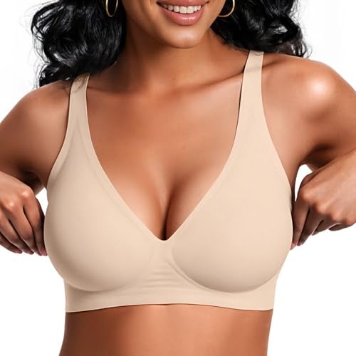 Vertvie Jelly Wireless Bras for Women Push Up Plunge Seamless T-Shirt Bras No Underwire Supportive Full Coverage Bralettes(Nude,Large) - Image 1