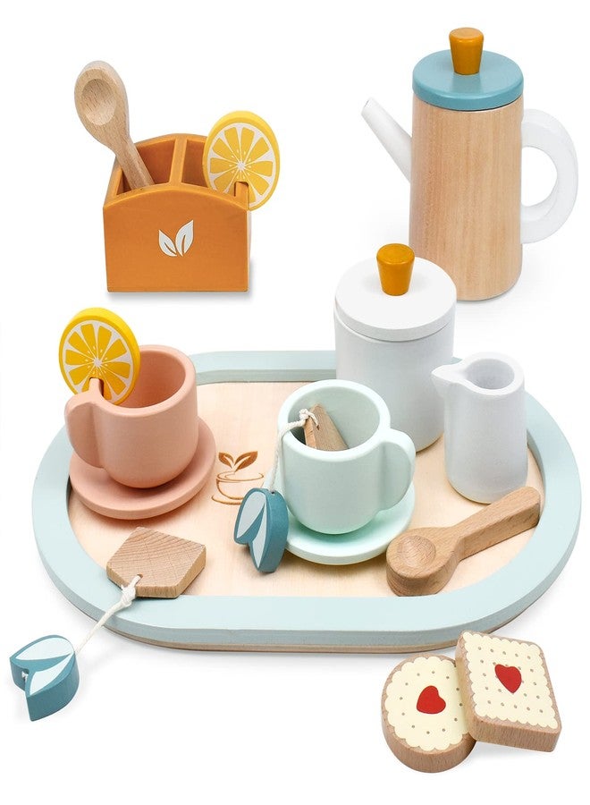 PairPear Wooden Tea Set for Little Girls, Wooden Toys Toddler Tea Set Play Kitchen Accessories for Kids Tea Party with Play Food - Image 1