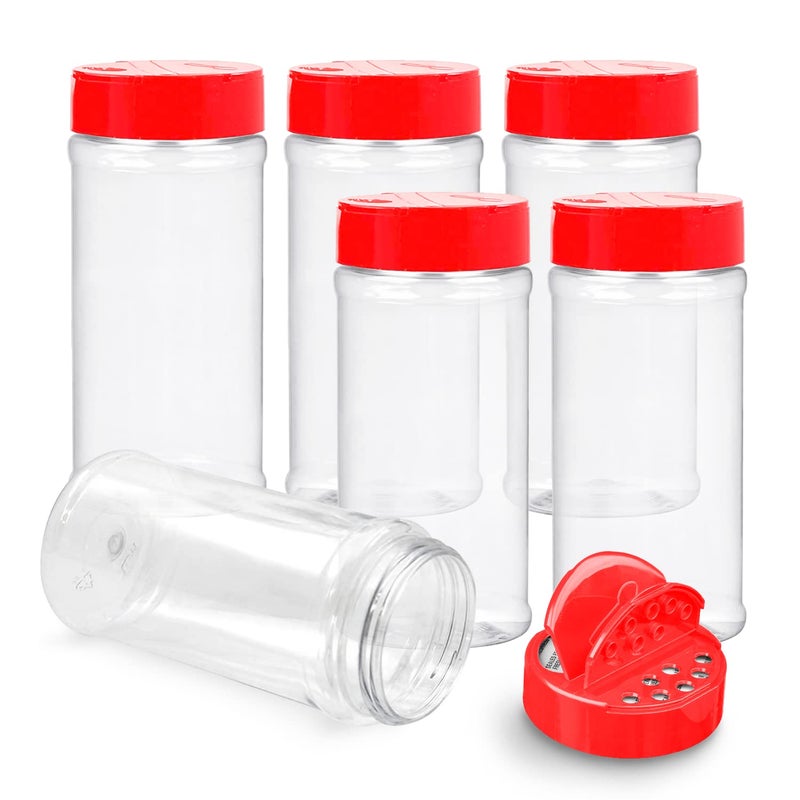 RoyalHouse 6 Pack 16 Oz Plastic Spice Jars with Red Cap Clear and Safe Plastic Bottle Containers with Shaker Lids for Storing Spice Herbs and Seasoning Powders BPA Free Made in USA