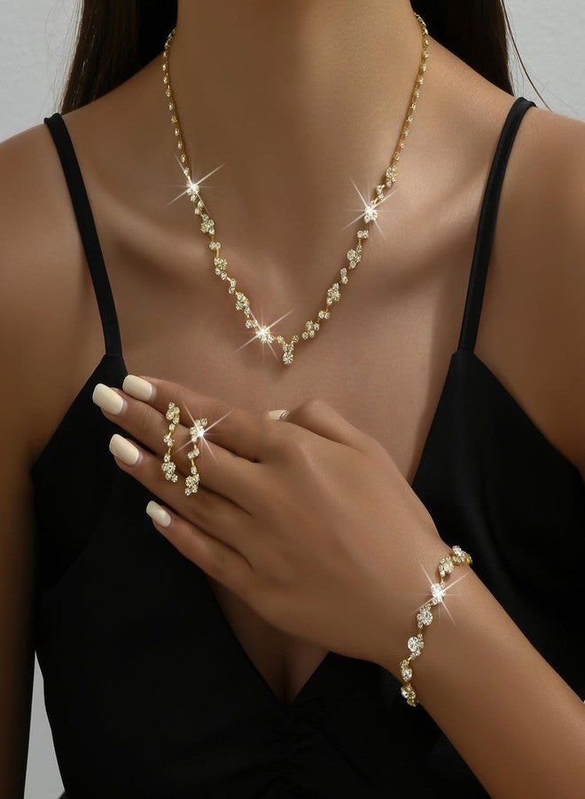 Cicod Prom Earrings Necklace Bracelet Set Elegant Crystal Necklace Earrings Bracelet Bridal Wedding Prom Costume Jewelry Sets for Women, adjustable, Copper Alloy, Rhinestone - Image 2