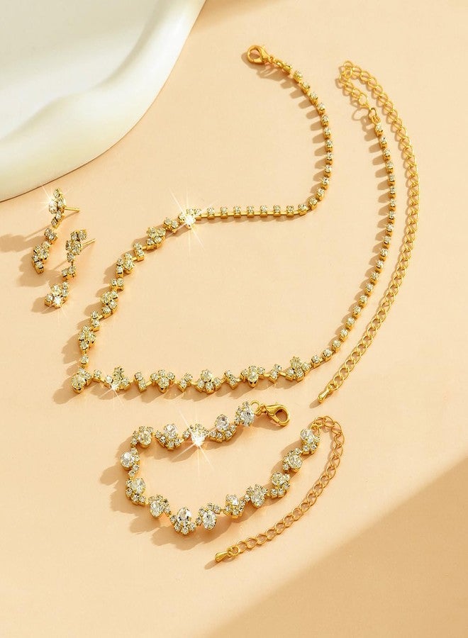 Cicod Prom Earrings Necklace Bracelet Set Elegant Crystal Necklace Earrings Bracelet Bridal Wedding Prom Costume Jewelry Sets for Women, adjustable, Copper Alloy, Rhinestone - Image 4
