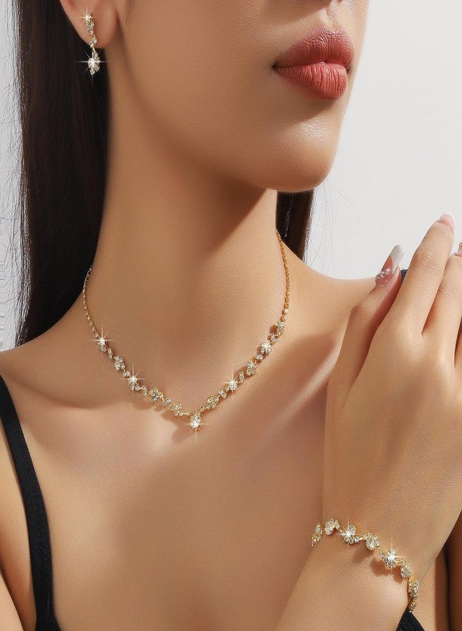 Cicod Prom Earrings Necklace Bracelet Set Elegant Crystal Necklace Earrings Bracelet Bridal Wedding Prom Costume Jewelry Sets for Women, adjustable, Copper Alloy, Rhinestone - Image 3