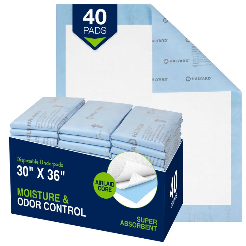 HALYARD Premium Disposable Underpads, 30 x 36 Inches Chux Pads - Blue, Case of 40 - Incontinence Bed Pads for Adults with Airlaid Core for Moisture and Odor Control - Image 1