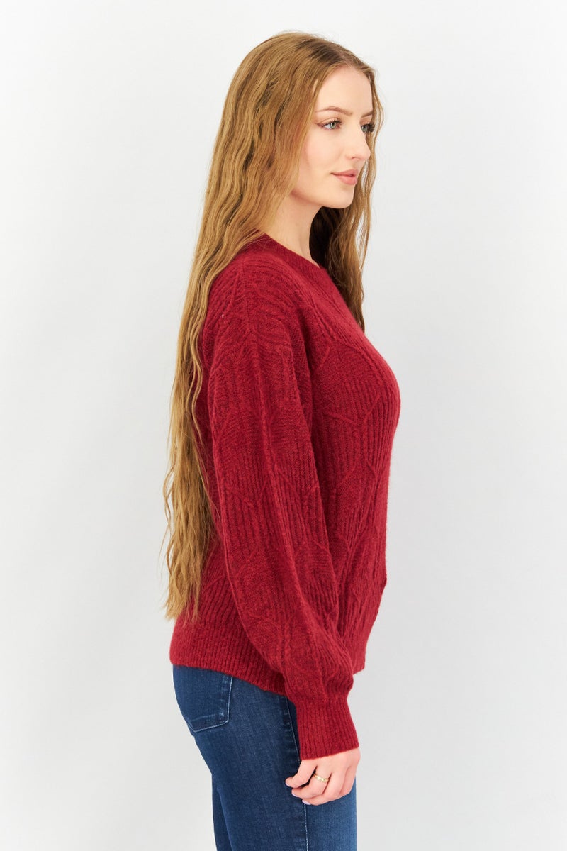 EDC Women Crew Neck Long Sleeves Textured Sweater, Dark Red - Image 4