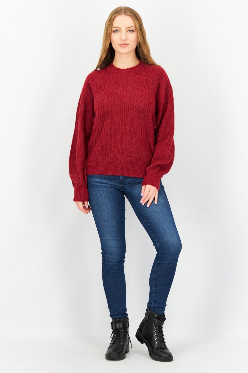 EDC Women Crew Neck Long Sleeves Textured Sweater, Dark Red - Image 2