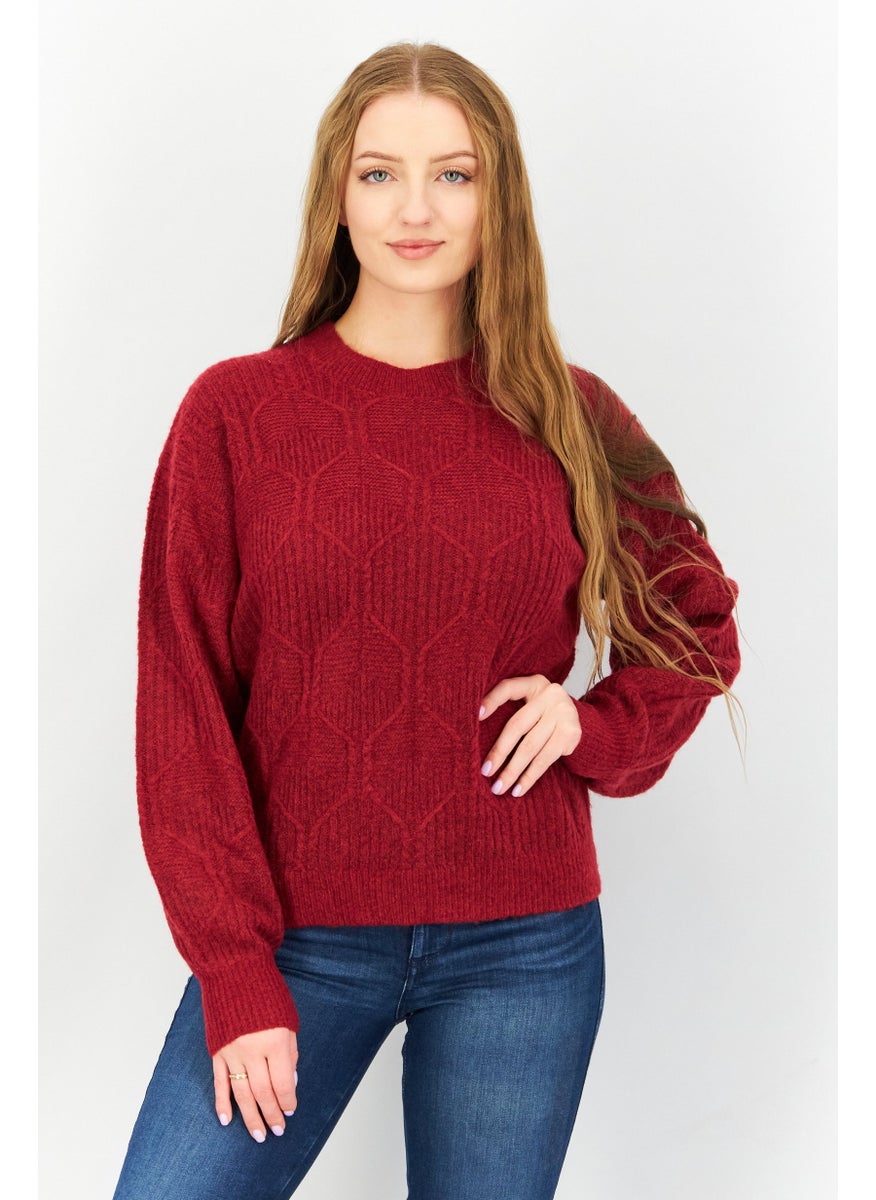 EDC Women Crew Neck Long Sleeves Textured Sweater, Dark Red  - Image 1