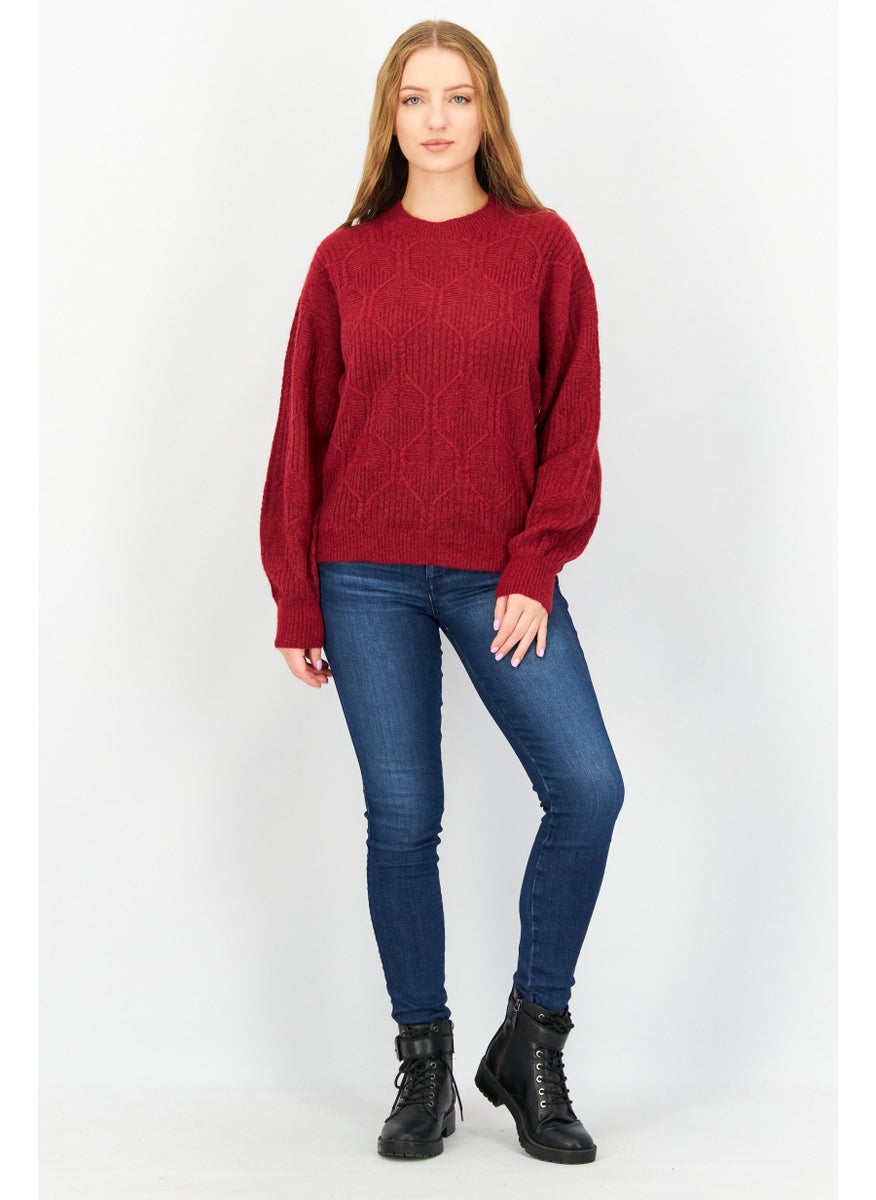 EDC Women Crew Neck Long Sleeves Textured Sweater, Dark Red  - Image 2