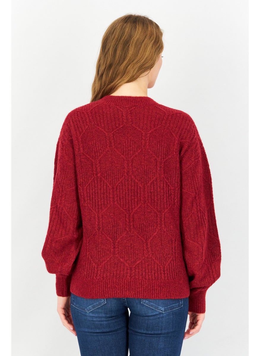 EDC Women Crew Neck Long Sleeves Textured Sweater, Dark Red  - Image 3