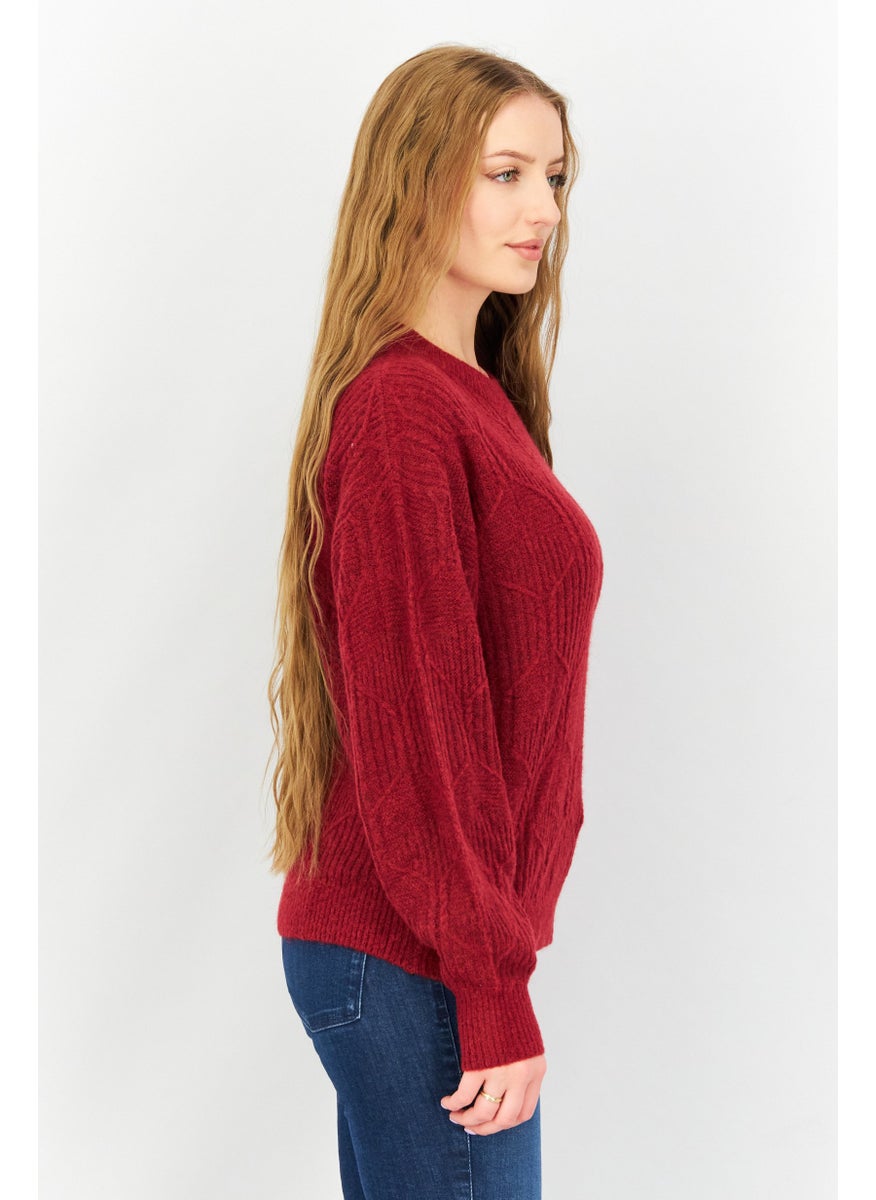 EDC Women Crew Neck Long Sleeves Textured Sweater, Dark Red  - Image 4