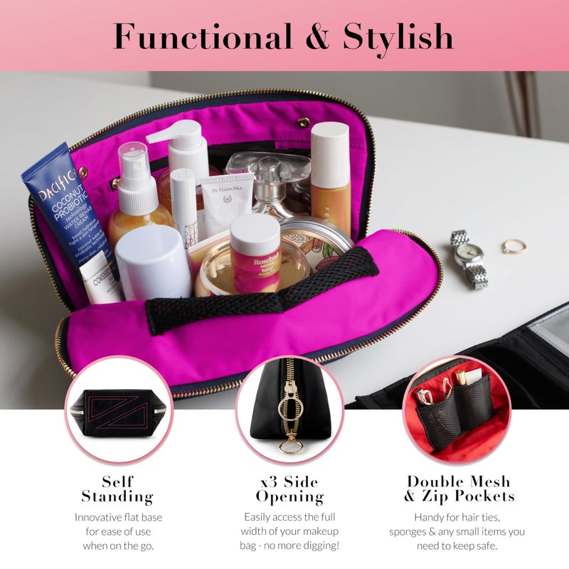 KUSSHI Washable Travel Makeup & Cosmetic Bag - Brush Organizer Sold Separately (Signature, Satin Black/Pink) - Image 3