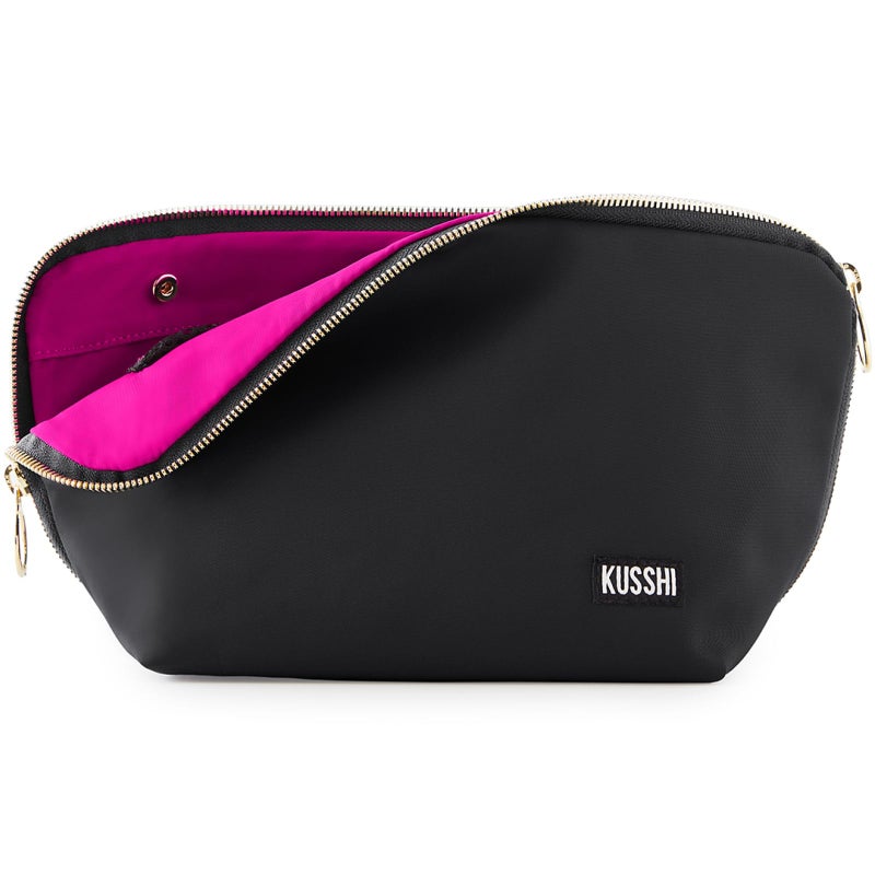 KUSSHI Washable Travel Makeup & Cosmetic Bag - Brush Organizer Sold Separately (Signature, Satin Black/Pink) - Image 1
