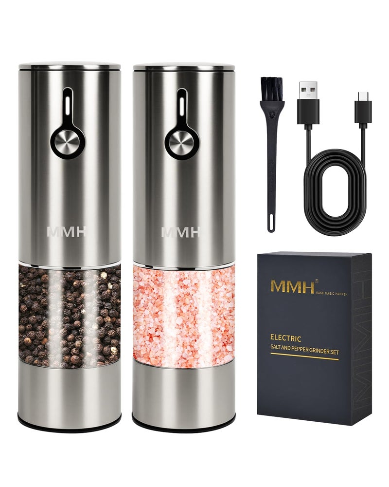 MMH Upgraded 66g Large Capacity Electric Salt and Pepper Grinder Set of 2 Rechargeable with 6 Level Adjustable Coarseness Stainless Steel Automatic Salt and Pepper Shakers Refillable with LED light