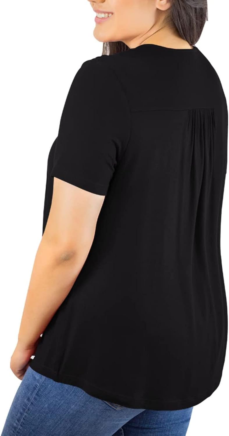 klarako Women Short Sleeve T Shirt Lace Crochet Collar Crewneck Pleated Tee Summer Casual Loose Top Solid Color Basic Blouse(XXXL-Black) - Image 4