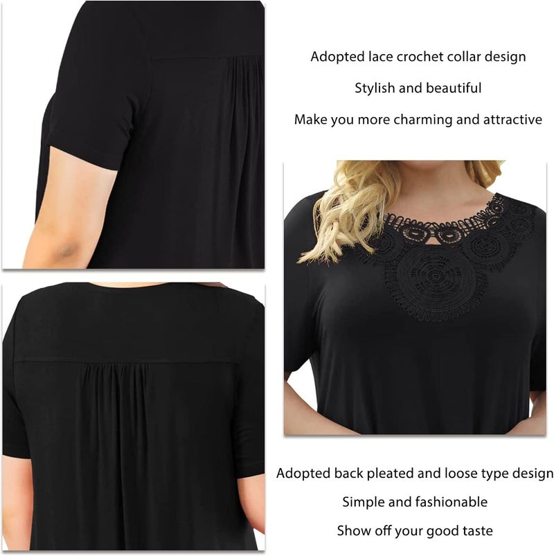 klarako Women Short Sleeve T Shirt Lace Crochet Collar Crewneck Pleated Tee Summer Casual Loose Top Solid Color Basic Blouse(XXXL-Black) - Image 2