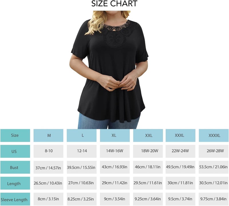 klarako Women Short Sleeve T Shirt Lace Crochet Collar Crewneck Pleated Tee Summer Casual Loose Top Solid Color Basic Blouse(XXXL-Black) - Image 5
