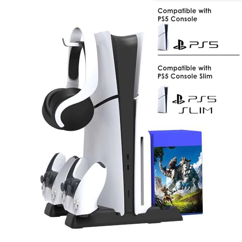 New World for PS5 Slim / PS5 Fat Cooling Stand, Controller Charger for PS5, Vertical Stand with Cd Storage Stand Compatible with PS5 / PS5 Slim - Image 1