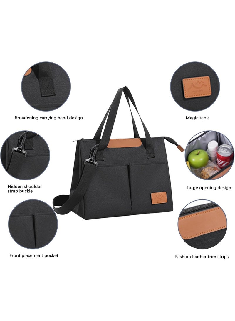 Adando Lunch Bag, Women Insulated Lunch Bag, Reusable Leakproof Large Spacious Cooler Tote for Women Men Adult with Removable Adhesive Decoration for Work Office Travel Picnic (Black) - Image 3