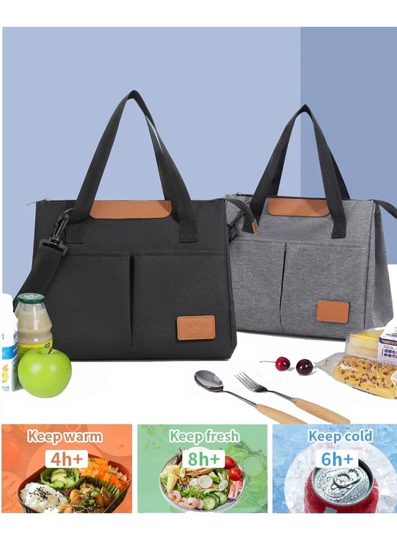 Adando Lunch Bag, Women Insulated Lunch Bag, Reusable Leakproof Large Spacious Cooler Tote for Women Men Adult with Removable Adhesive Decoration for Work Office Travel Picnic (Black) - Image 2