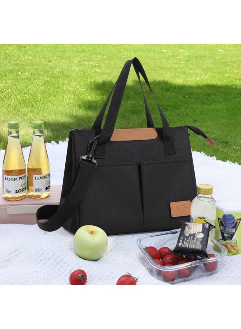 Adando Lunch Bag, Women Insulated Lunch Bag, Reusable Leakproof Large Spacious Cooler Tote for Women Men Adult with Removable Adhesive Decoration for Work Office Travel Picnic (Black) - Image 4