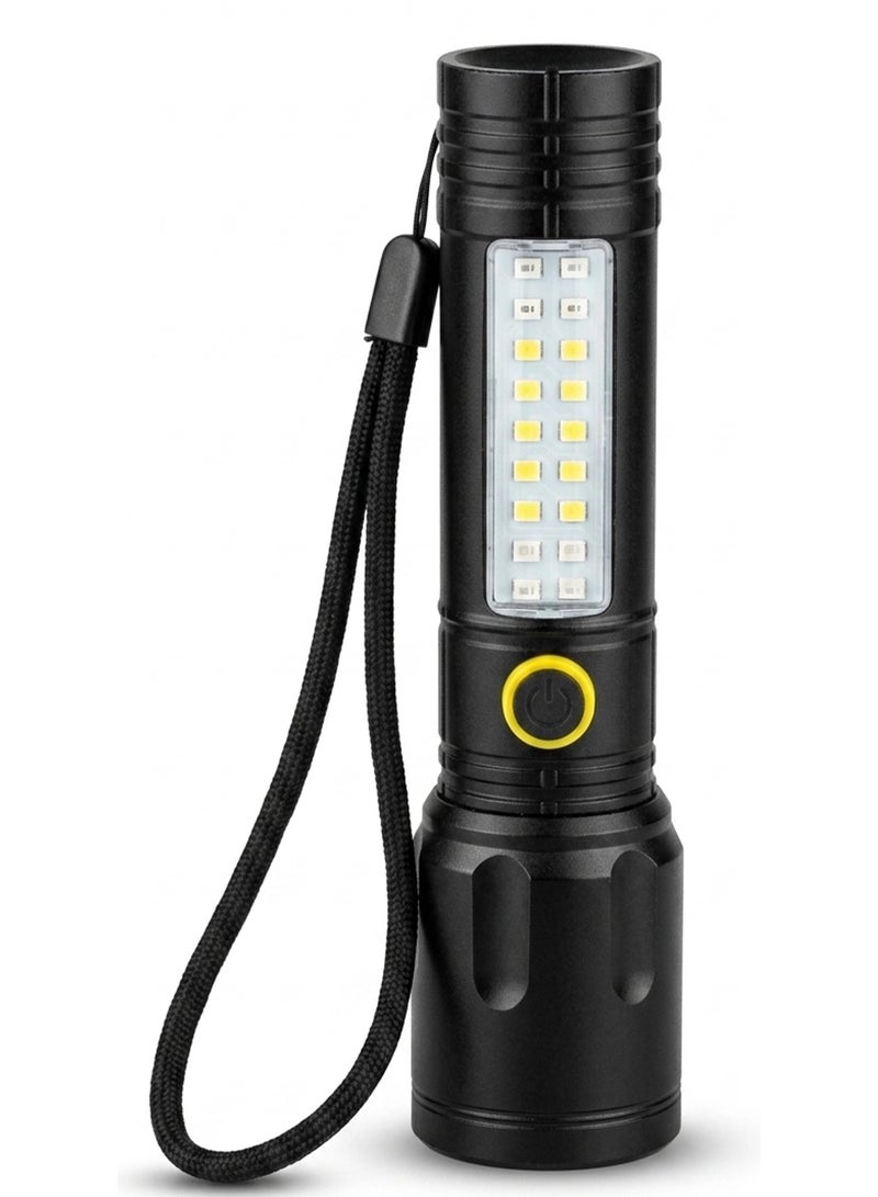 مصباح يدوي LED قابل لإعادة الشحن، 5 أوضاع إضاءة، عالي الطاقة - ضوء أمامي قابل للتكبير وضوء جانبي أحمر وأزرق للطوارئ، مصباح تكتيكي متعدد الوظائف مع تركيز قابل للتعديل، شحن USB، وهيكل معدني متين للاستخدام الخارجي والطوارئ - Image 1
