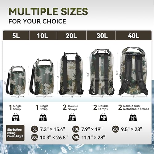 MARCHWAY Floating Waterproof Dry Bag Backpack 5L/10L/20L/30L/40L, Roll Top Sack Keeps Gear Dry for Kayaking, Rafting, Boating, Swimming, Camping, Hiking, Beach, Fishing (Digital Camo, 10L) - Image 3