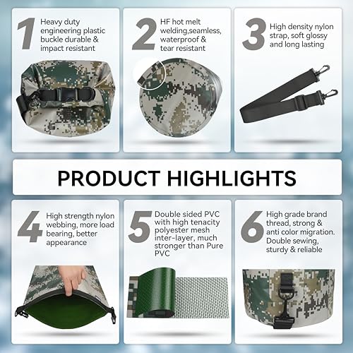 MARCHWAY Floating Waterproof Dry Bag Backpack 5L/10L/20L/30L/40L, Roll Top Sack Keeps Gear Dry for Kayaking, Rafting, Boating, Swimming, Camping, Hiking, Beach, Fishing (Digital Camo, 10L) - Image 5