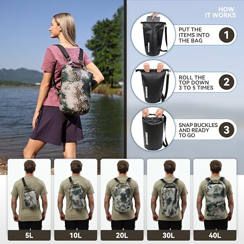 MARCHWAY Floating Waterproof Dry Bag Backpack 5L/10L/20L/30L/40L, Roll Top Sack Keeps Gear Dry for Kayaking, Rafting, Boating, Swimming, Camping, Hiking, Beach, Fishing (Digital Camo, 10L) - Image 4