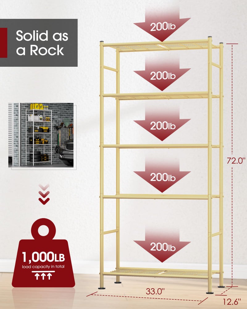 Sakugi Storage Shelves - 5 Tier Shelf Organizer, Heavy Duty Garage Shelving Unit with Leveling Feet, Stable Metal Shelves Organizer for Pantry, Kitchen and Closet, 33.0" W x 12.6" D x 72.0" H, Gold - Image 2