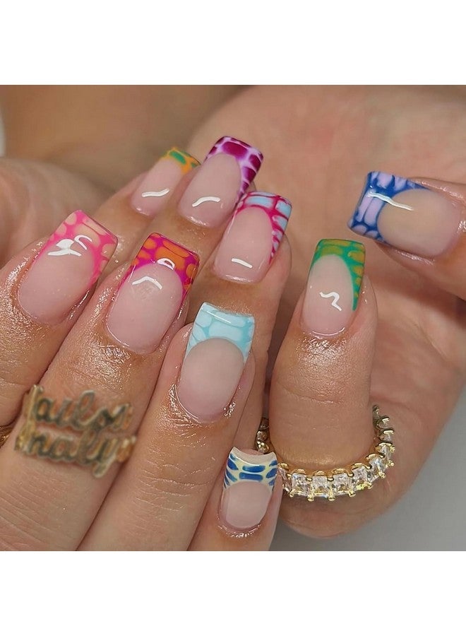 MISUD Press On Nails Short Square Fake Nails Colorful French Tip Acrylic Nails Glossy Glue On Nails Summer Squoval Artificial Nails Rainbow Edge Stick On False Nails With Design 24 Pcs - Image 1