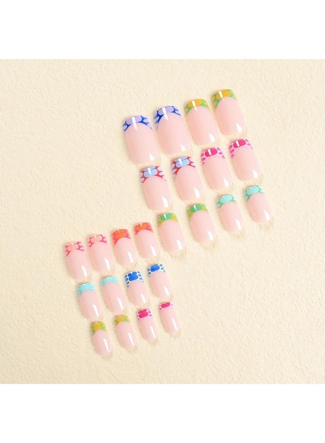 MISUD Press On Nails Short Square Fake Nails Colorful French Tip Acrylic Nails Glossy Glue On Nails Summer Squoval Artificial Nails Rainbow Edge Stick On False Nails With Design 24 Pcs - Image 3