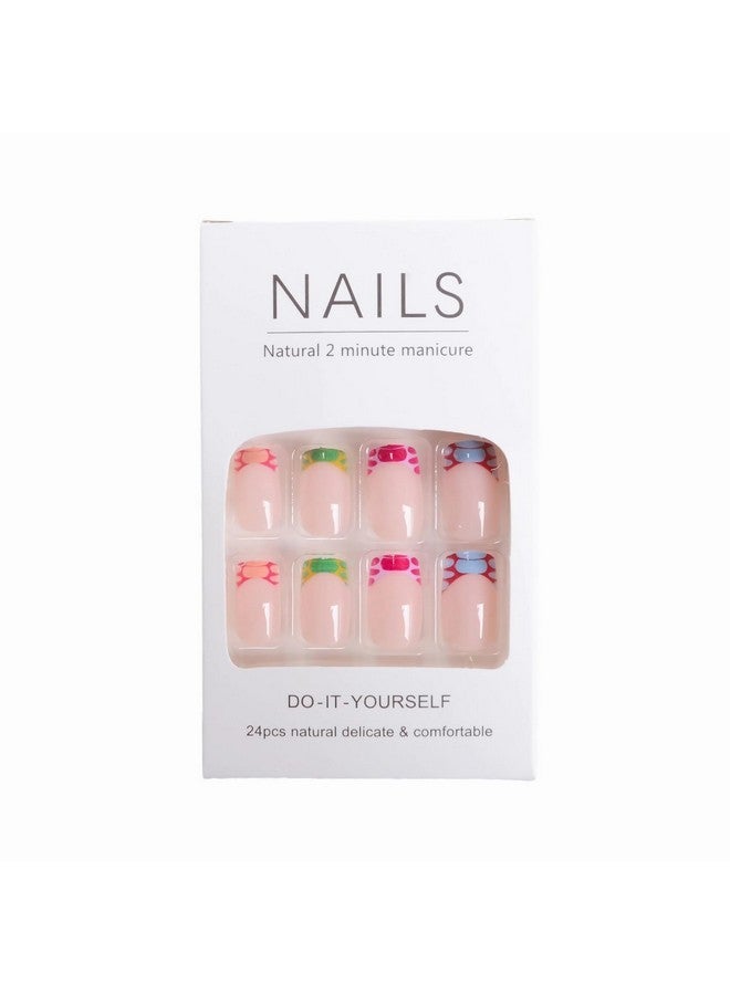 MISUD Press On Nails Short Square Fake Nails Colorful French Tip Acrylic Nails Glossy Glue On Nails Summer Squoval Artificial Nails Rainbow Edge Stick On False Nails With Design 24 Pcs - Image 5