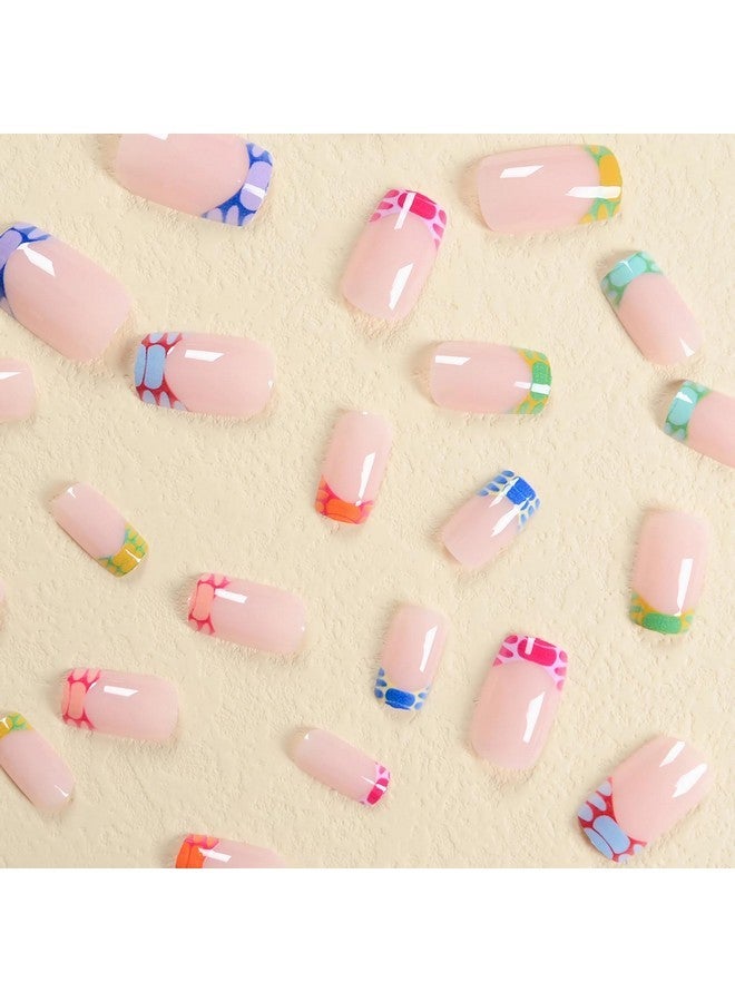 MISUD Press On Nails Short Square Fake Nails Colorful French Tip Acrylic Nails Glossy Glue On Nails Summer Squoval Artificial Nails Rainbow Edge Stick On False Nails With Design 24 Pcs - Image 2