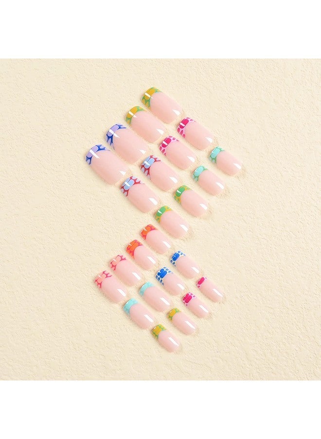 MISUD Press On Nails Short Square Fake Nails Colorful French Tip Acrylic Nails Glossy Glue On Nails Summer Squoval Artificial Nails Rainbow Edge Stick On False Nails With Design 24 Pcs - Image 4