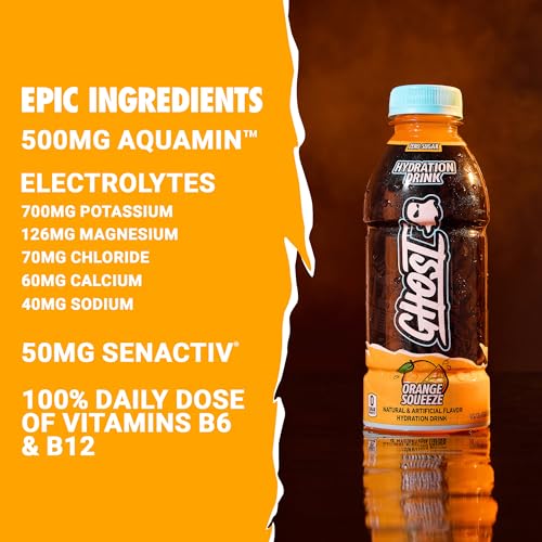 GHOST Hydration Drink, Orange Squeeze - RTD Sports Drink with Electrolytes, Natural Vitamins & Minerals - All Day Lifestyle Hydration Beverage - Zero Caffeine & Zero Sugars - 16.9 Fl Oz, 12 Pack - Image 3